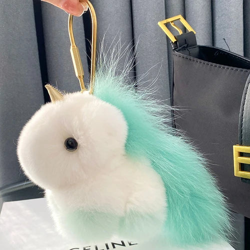 Fluffy Cute Unicorn Bag Charm Real Rex Rabbit Fur Key Ring – A Soft Sprinkle of Magic on the Go
