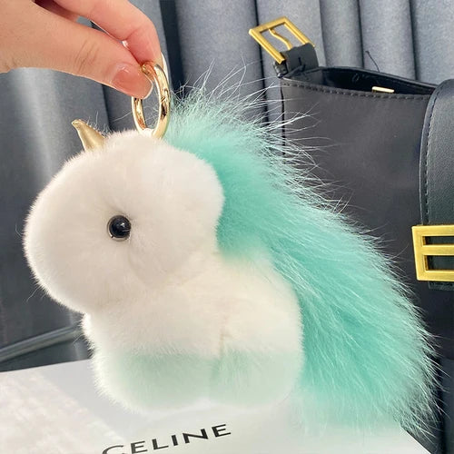 Fluffy Cute Unicorn Bag Charm Real Rex Rabbit Fur Key Ring – A Soft Sprinkle of Magic on the Go