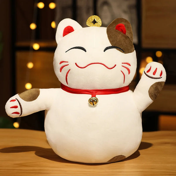 Smiling Fortune Cat Plush – Soft Lucky Cat Toy with Bell