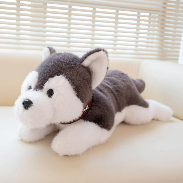 40/60CM Simulation Cute Dog Wear Choker Plush Toy Stuffed Animal Soft Kawaii Lying Pet Puppy Pillow Husky Beagle Doll Toy Gifts