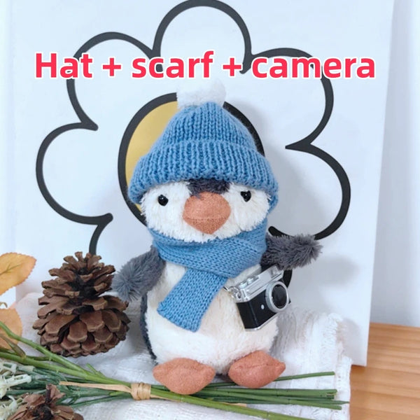 16cm Cartoon Peanut Or Penguin With Hat Scarf Camera Plush Animal Keychain Car Hang Doll Decor Backpack Pendant Cute Gifts